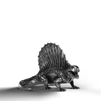 Silver Dimetrodon statue made of 999 fine silver, detailed and shiny.