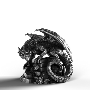 Silver statue of a dragon on a hoard, 999 fine silver.