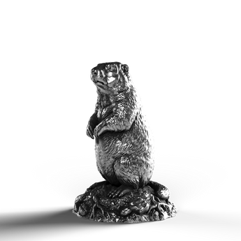 Silver statue of a groundhog, crafted from 999 fine silver.