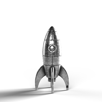 Silver statue of a retro rocket, made from 999 fine silver.
