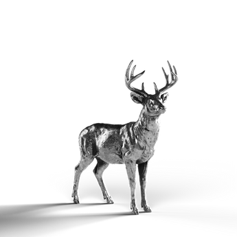 Silver statue of a whitetail buck in 999 fine silver finish.