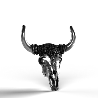 Ornate Bull Skull - SignalOaks Silver Statue